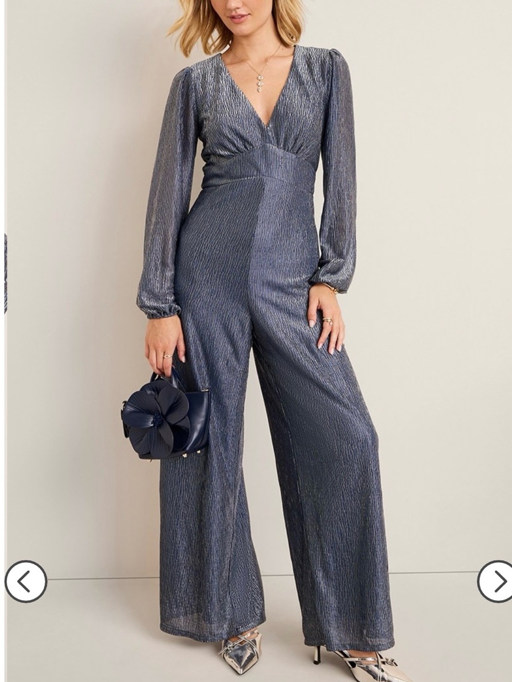 Francesca's Collections Metallic Navy V-Neck Long Sleeve Jumpsuit